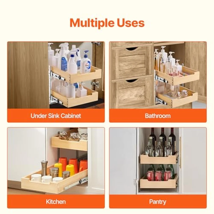 VEVOR 2 Tier Pull Out Cabinet Organizer, 14" W x 21" D Cabinet Drawer, Soft Close Slide out Shelf, Heavy-Duty Sliding Wood Drawer, Adjustable Base Cabinet Organization for Kitchen Pantry Bathroom by VEVOR - Image 6