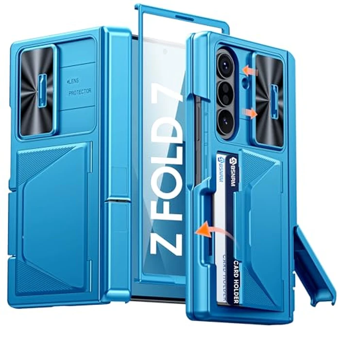 BSNRM for Samsung Galaxy Z Fold 7 Case with Card Holder RFID Blocking, Built in Slide Lens Cover & Hinge Protection & Kickstand & Screen Protector, Shockproof Wallet Case for Z Fold 7 (Lake Blue) by BSNRM - Used - Acceptable condition - US$21.25
