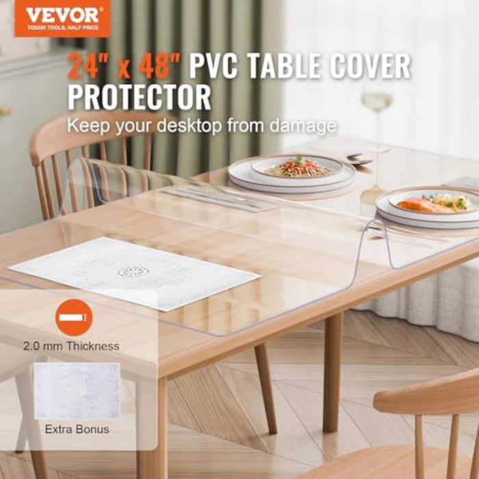 VEVOR Plastic Table Cover, 24 x 48 Inch 2.0 mm Thick Clear PVC Desk Mat Protector, Waterproof & Easy Cleaning Desk Pad Tablecloth, for Office, Dresser, Dining Room, Night Stand by VEVOR - Image 2