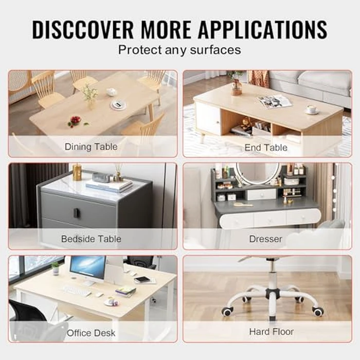 VEVOR Plastic Table Cover, 24 x 48 Inch 2.0 mm Thick Clear PVC Desk Mat Protector, Waterproof & Easy Cleaning Desk Pad Tablecloth, for Office, Dresser, Dining Room, Night Stand by VEVOR - Image 6