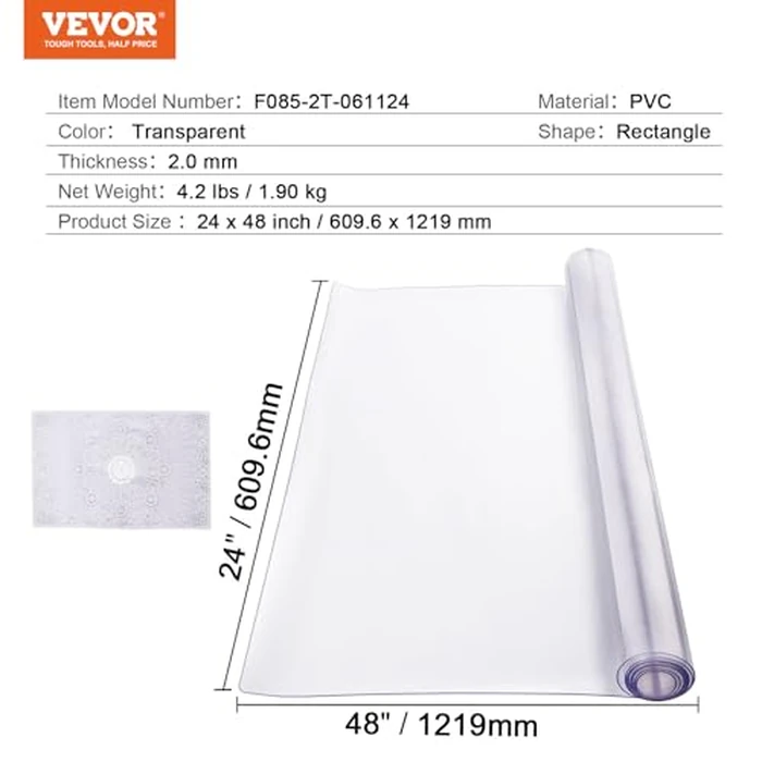 VEVOR Plastic Table Cover, 24 x 48 Inch 2.0 mm Thick Clear PVC Desk Mat Protector, Waterproof & Easy Cleaning Desk Pad Tablecloth, for Office, Dresser, Dining Room, Night Stand by VEVOR - Image 7