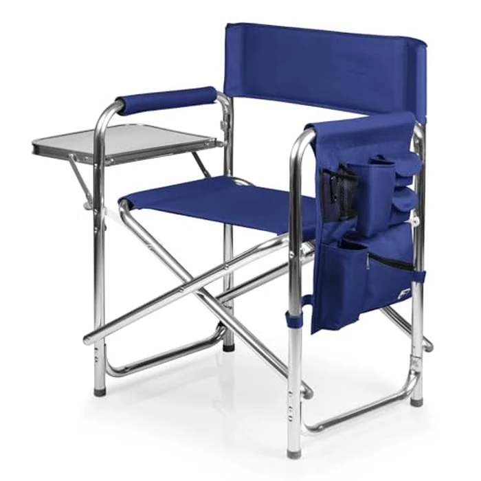 PICNIC TIME Sports Chair with Side Table and Armrest Caddy, Lightweight Aluminum Folding Outdoor Camping Chair for Adults, Portable Director Style Lawn Seating with Pockets & Carry Strap, (Navy Blue) by PICNIC TIME - Used - Like New condition