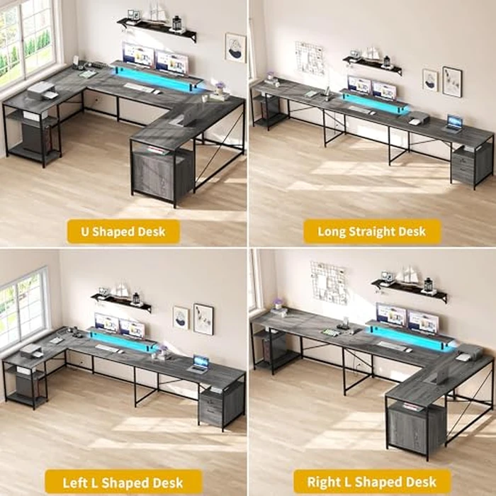 DWVO U Shaped Desk with Drawers, 79" Reversible L Shaped Desk with Power Outlets & LED Lights, Corner Computer Desk with Monitor Stand & Storage Shelves, Grey by DWVO - Image 2