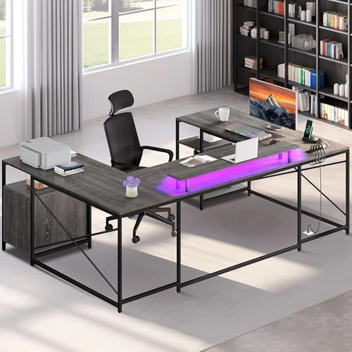 DWVO U Shaped Desk with Drawers, 79" Reversible L Shaped Desk with Power Outlets & LED Lights, Corner Computer Desk with Monitor Stand & Storage Shelves, Grey by DWVO - Image 4