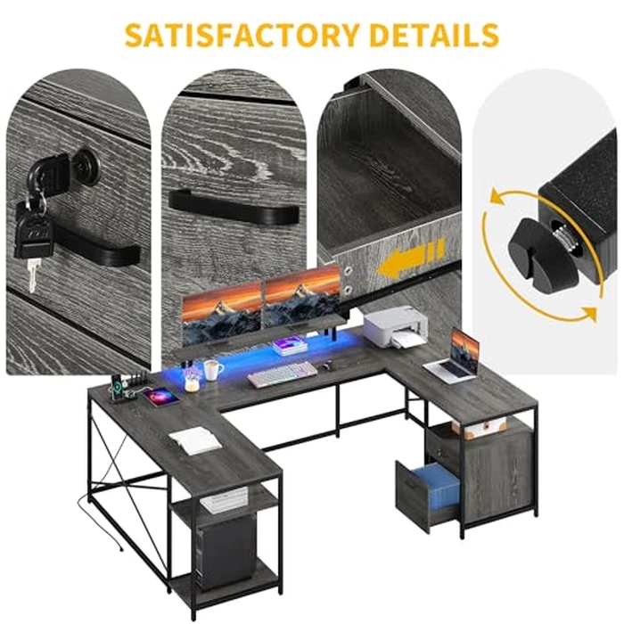 DWVO U Shaped Desk with Drawers, 79" Reversible L Shaped Desk with Power Outlets & LED Lights, Corner Computer Desk with Monitor Stand & Storage Shelves, Grey by DWVO - Image 7