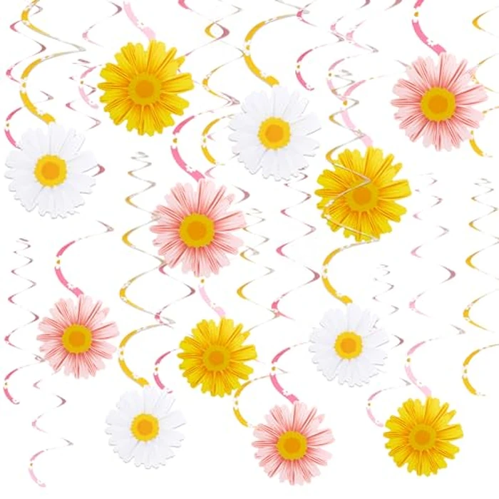 EASY JOY 24 PCS Daisy Hanging Swirls Decorations Boho Groovy Party Decorations Spring Flower Birthday Party Decorations Retro Hippie Party Ceiling Decorations for Classroom Office Mother Day Decor by Easy Joy - Used - Like New condition - US$10.88