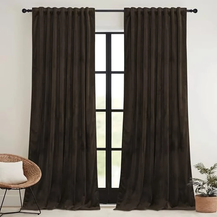 RYB HOME Brown Blackout Curtains 96 inches Long Velvet, Room Darkening Thermal Insulated Drapes with Hook Belt for Bedroom Home Theater, W 52 x L 96 inches, 2 Panels Set by RYB HOME - Used - Very Good condition - US$47.36