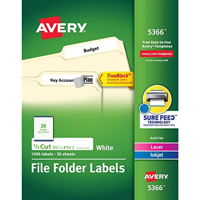 Avery TrueBlock File Folder Labels, 2/3" x 3-7/16", 1,500 Printable Labels, White, Permanent (5366) by Avery - Used - Acceptable condition - US$20.76