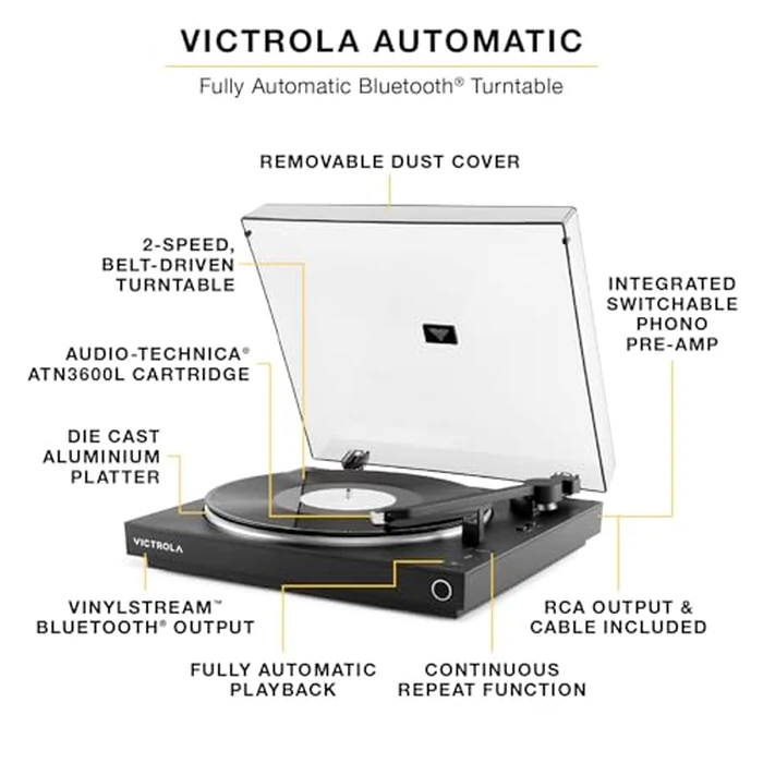 Victrola Fully Automatic Bluetooth Turntable w Audio Technica ATN3600L Cartridge, Automatic Repeat Function, 2-Speed Vinyl Record Player, Wireless Bluetooth Streaming, Preamp & Aluminum Platter Blue by Victrola - Image 2