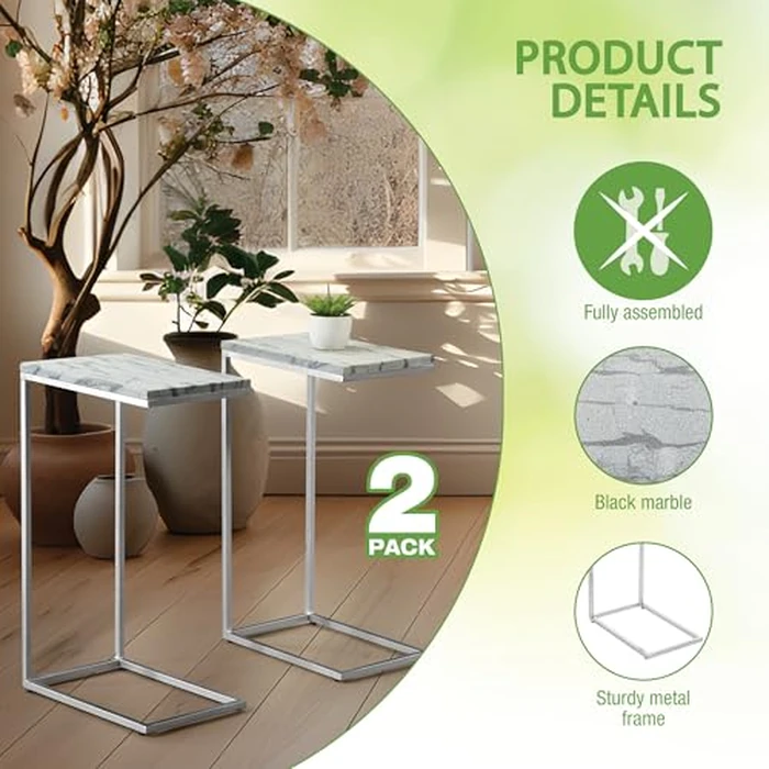 OSP Home Furnishings C-Table, Set of 2, Solid Grey Marble Top with Chrome Metal Base by OSP Home Furnishings - Image 2