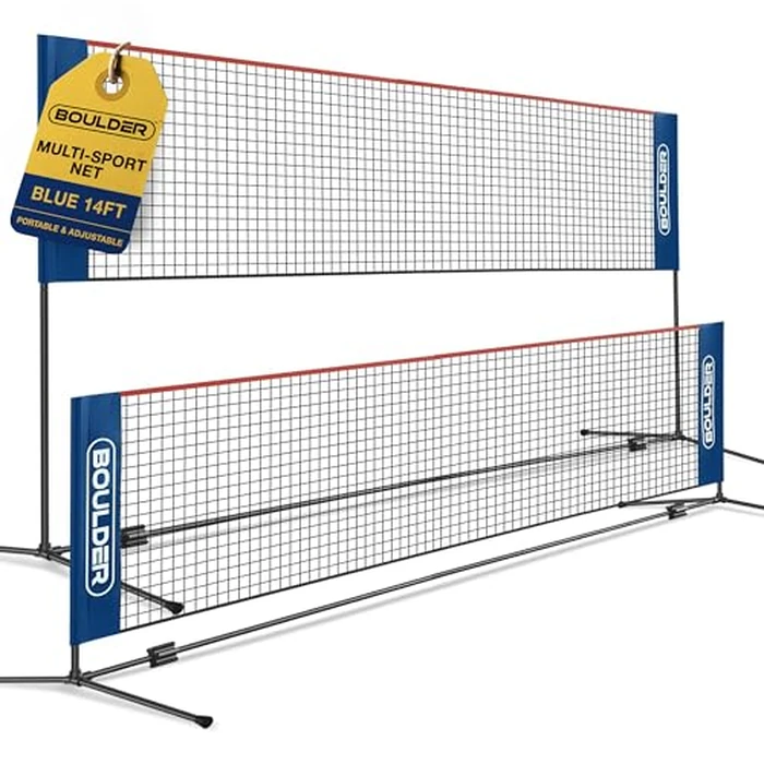 BOULDER Portable Badminton Pickleball Net - Foldable / Extendable Poles for Multiple Sports Heights (UP to 5 ft) - Ideal for Tennis, Pickleball, Soccer Tennis - Easy Setup (Blue, 14 FT) by Boulder - Used - Very Good condition - US$65.71