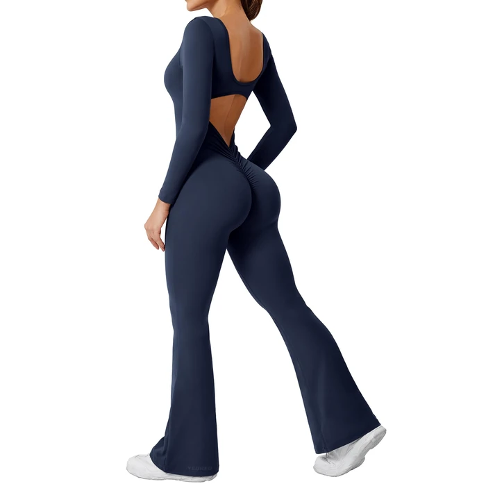 YEOREO One Piece Wide Leg Jumpsuits for Women Workout Long Sleeve Backless Flare Jumpsuit Lizvette Scrunch V Back Yoga Romper Navy Blue S by YEOREO - Used - Like New condition - US$28.86