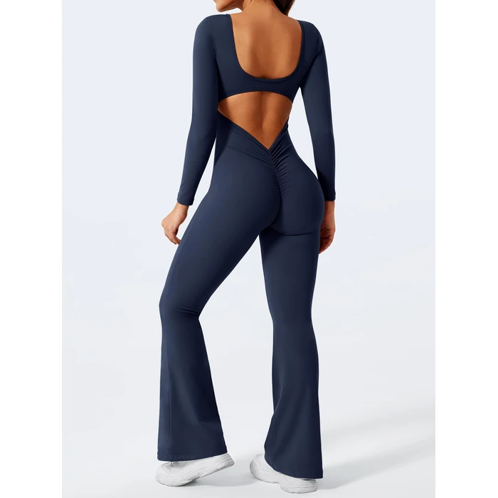 YEOREO One Piece Wide Leg Jumpsuits for Women Workout Long Sleeve Backless Flare Jumpsuit Lizvette Scrunch V Back Yoga Romper Navy Blue S by YEOREO - Image 3