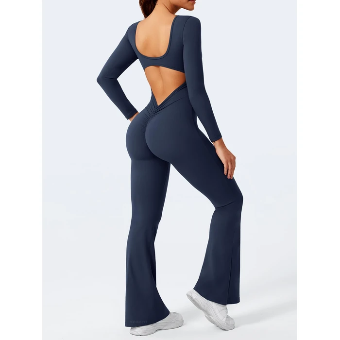 YEOREO One Piece Wide Leg Jumpsuits for Women Workout Long Sleeve Backless Flare Jumpsuit Lizvette Scrunch V Back Yoga Romper Navy Blue S by YEOREO - Image 5