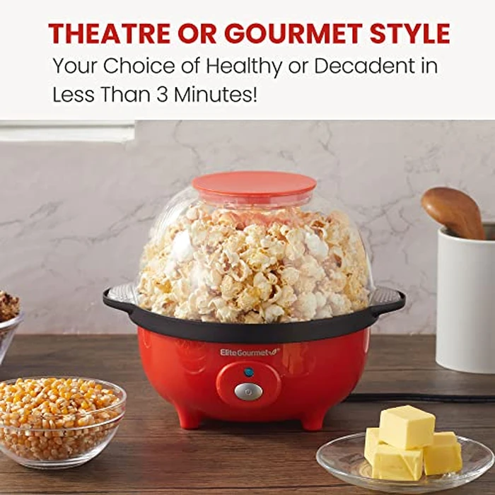 Elite Gourmet EPM330R Automatic Stirring Ceramic Nonstick 12-cup Popcorn Maker, Hot Oil Popcorn Machine w/Measuring Cap & Built-in Reversible Serving Bowl, Great for Home Party, ETL Approved, Red by Elite Gourmet - Image 5