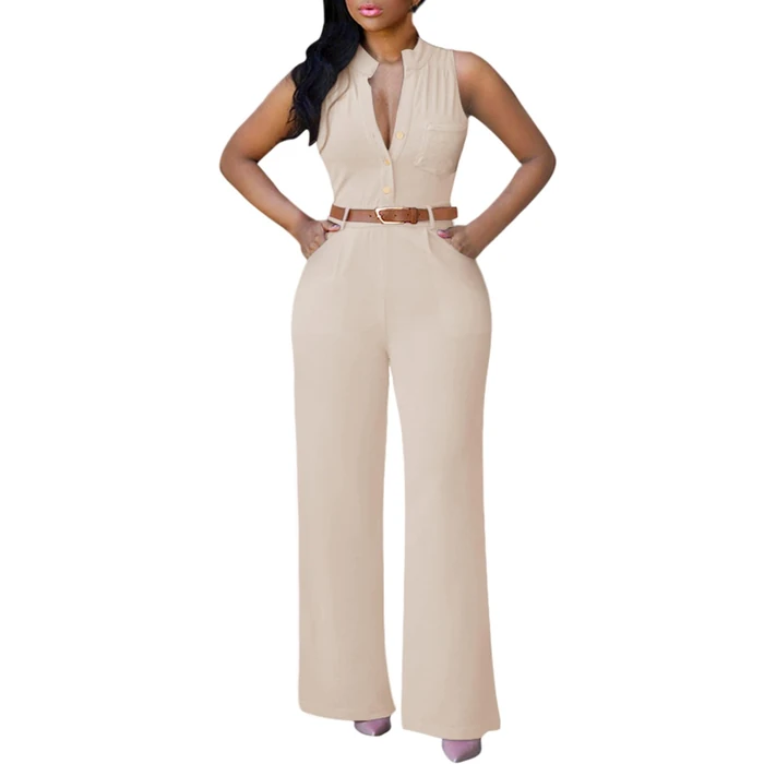 Pink Queen Women's Elegant Sleeveless Button V Neck Wide Leg Long Pants Belted Rompers Jumpsuits Pockets Apricot S by Pink Queen - Used - Like New condition - US$28.44