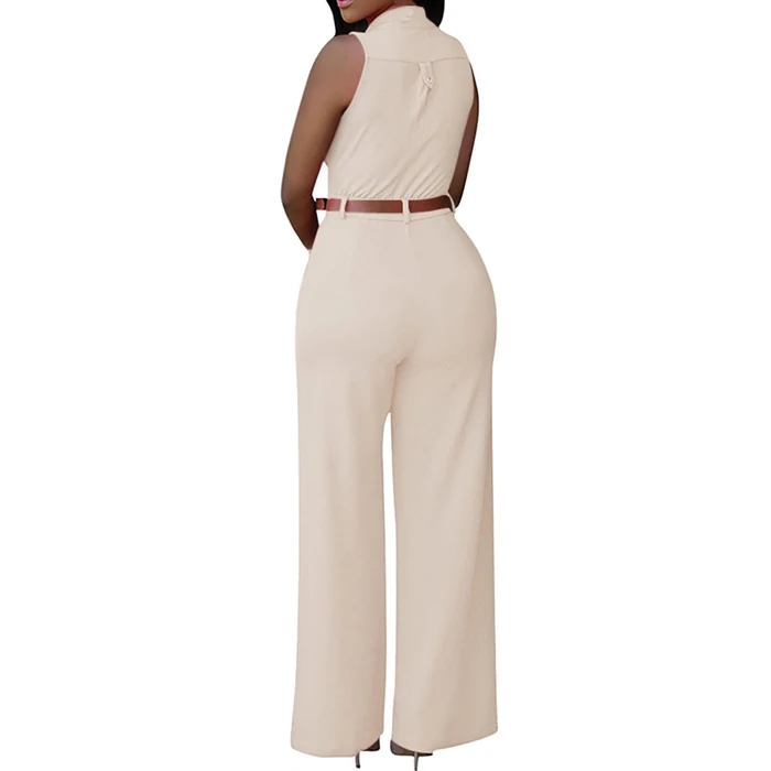 Pink Queen Women's Elegant Sleeveless Button V Neck Wide Leg Long Pants Belted Rompers Jumpsuits Pockets Apricot S by Pink Queen - Image 2