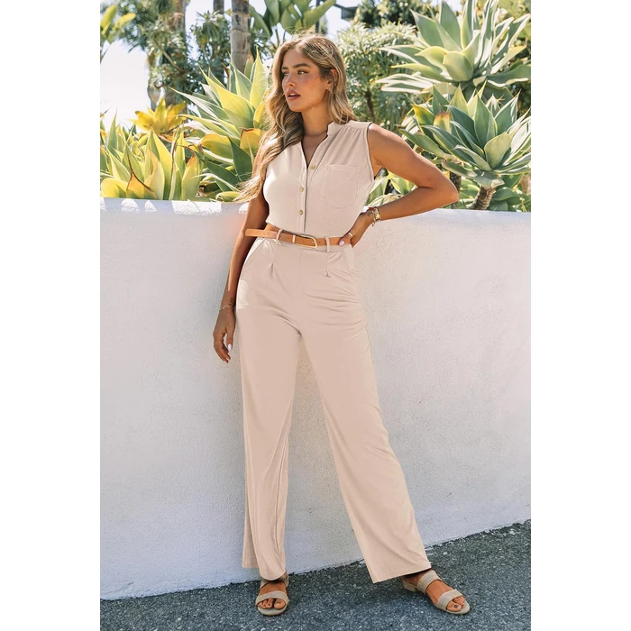 Pink Queen Women's Elegant Sleeveless Button V Neck Wide Leg Long Pants Belted Rompers Jumpsuits Pockets Apricot S by Pink Queen - Image 3