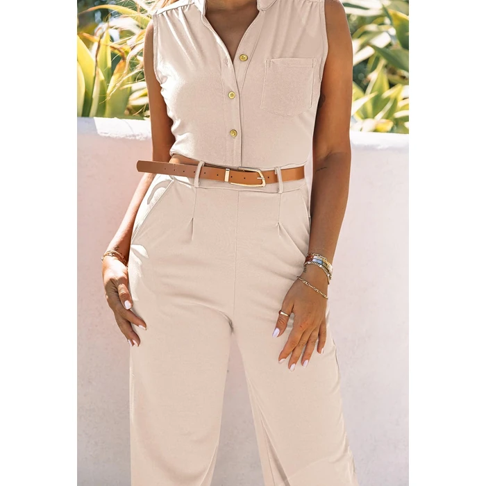 Pink Queen Women's Elegant Sleeveless Button V Neck Wide Leg Long Pants Belted Rompers Jumpsuits Pockets Apricot S by Pink Queen - Image 5
