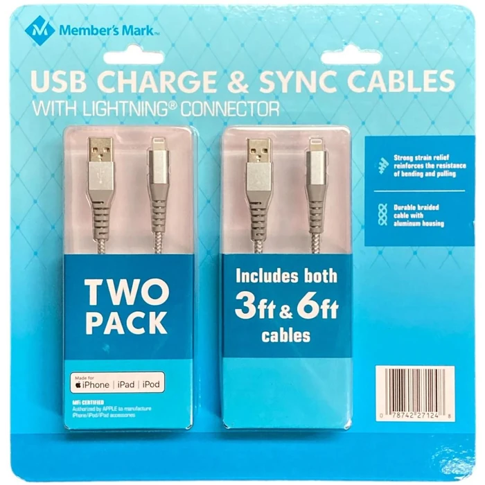 Member's Mark USB Charge & Sync Cables with Lightning Connector - Silver by Member's Mark - Refurbished - Excellent condition - US$20.48
