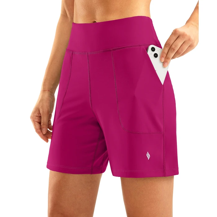 SANTINY Women's 6'' Athletic Long Shorts with 4 Pockets High Waisted Bermuda Shorts for Women Walking Running Casual (Rose_S) by SANTINY - Image 1