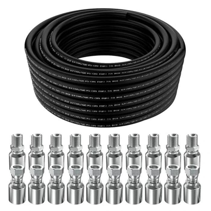50Ft 3/8 Hydraulic Hose with 10Pcs 3/8" JIC 37 degrees Female and 10Pcs 3/8 inch NPTF Male Hydraulic Hose Fittings W.P.53MPa / 7685PSI by CAMUUN - Image 1