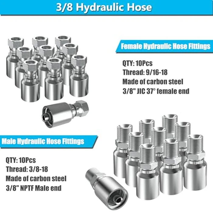 50Ft 3/8 Hydraulic Hose with 10Pcs 3/8" JIC 37 degrees Female and 10Pcs 3/8 inch NPTF Male Hydraulic Hose Fittings W.P.53MPa / 7685PSI by CAMUUN - Image 3