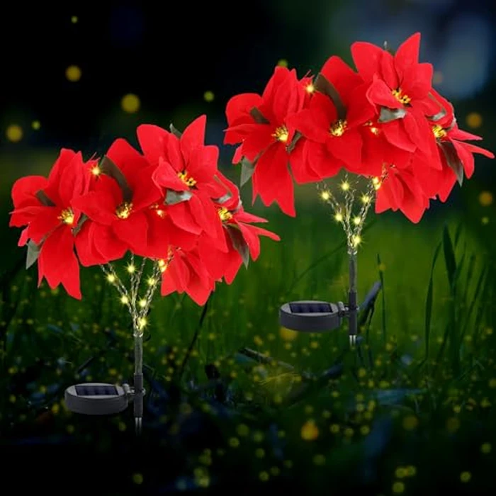 VIHOSE 2 Pcs Christmas Solar Poinsettia Lights Outdoor Artificial Flowers Landscape Waterproof Solar Poinsettia Lights for Yard Lawn Patio Garden Pathway Xmas Party Supplies (10 Flowers,Red) by VIHOSE - Image 1