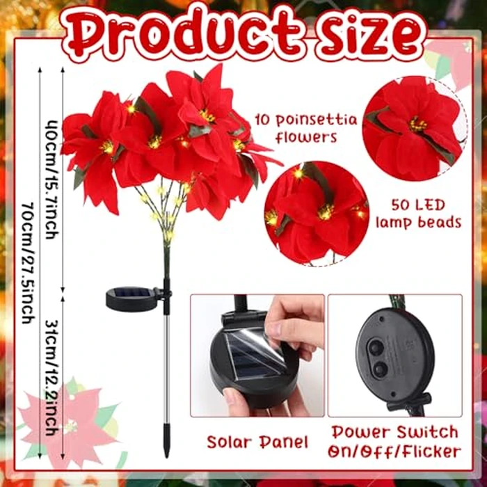 VIHOSE 2 Pcs Christmas Solar Poinsettia Lights Outdoor Artificial Flowers Landscape Waterproof Solar Poinsettia Lights for Yard Lawn Patio Garden Pathway Xmas Party Supplies (10 Flowers,Red) by VIHOSE - Image 2
