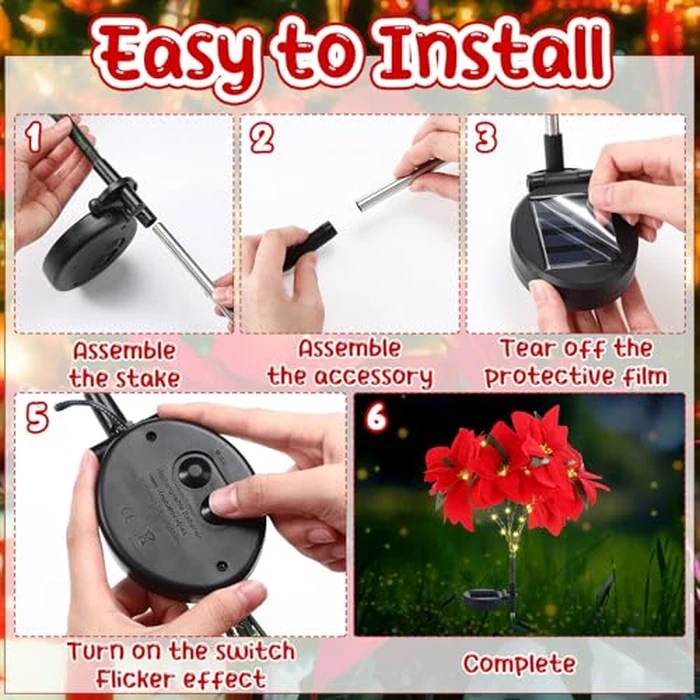 VIHOSE 2 Pcs Christmas Solar Poinsettia Lights Outdoor Artificial Flowers Landscape Waterproof Solar Poinsettia Lights for Yard Lawn Patio Garden Pathway Xmas Party Supplies (10 Flowers,Red) by VIHOSE - Image 3