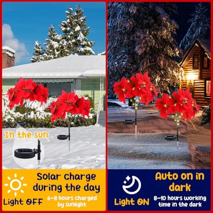 VIHOSE 2 Pcs Christmas Solar Poinsettia Lights Outdoor Artificial Flowers Landscape Waterproof Solar Poinsettia Lights for Yard Lawn Patio Garden Pathway Xmas Party Supplies (10 Flowers,Red) by VIHOSE - Image 4