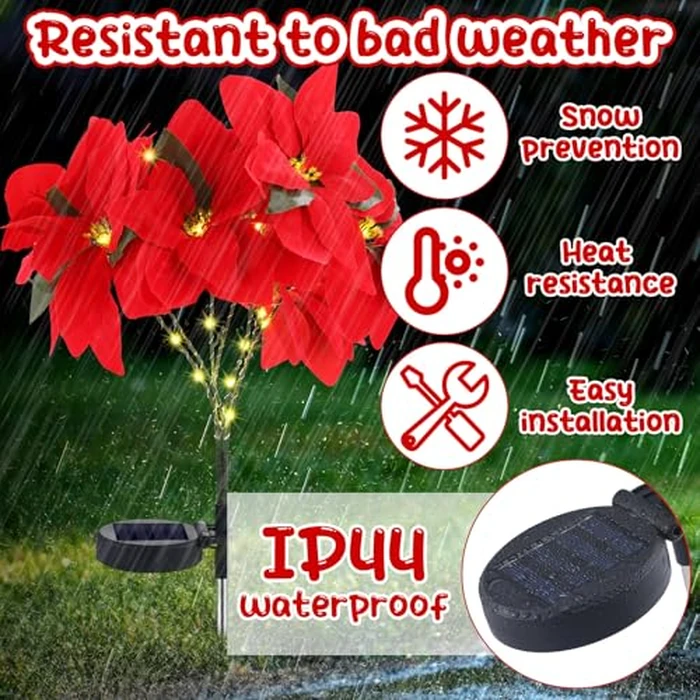 VIHOSE 2 Pcs Christmas Solar Poinsettia Lights Outdoor Artificial Flowers Landscape Waterproof Solar Poinsettia Lights for Yard Lawn Patio Garden Pathway Xmas Party Supplies (10 Flowers,Red) by VIHOSE - Image 5