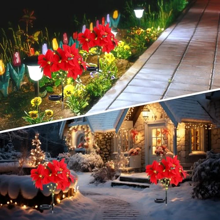 VIHOSE 2 Pcs Christmas Solar Poinsettia Lights Outdoor Artificial Flowers Landscape Waterproof Solar Poinsettia Lights for Yard Lawn Patio Garden Pathway Xmas Party Supplies (10 Flowers,Red) by VIHOSE - Image 6