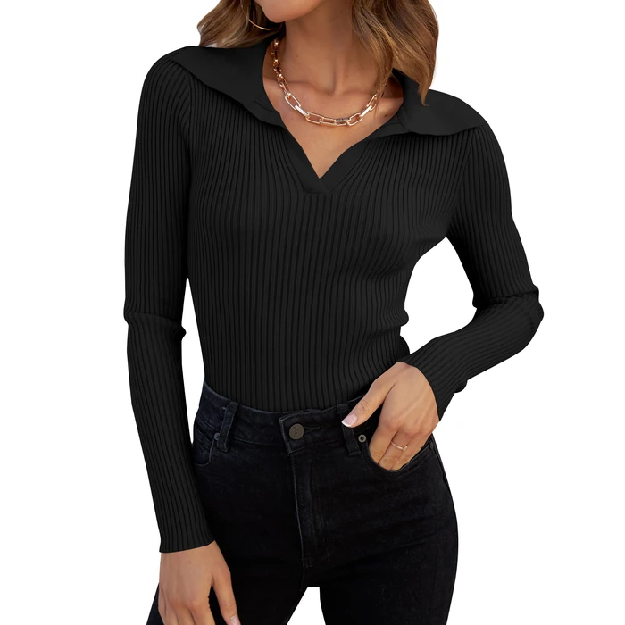 ZESICA Sweaters for Women 2025 Fall Long Sleeve V Neck Ribbed Knit Pullover Tops Casual Slim Fit Basic Tee Shirts,Black,Small by ZESICA - Used - Like New condition - US$24.94
