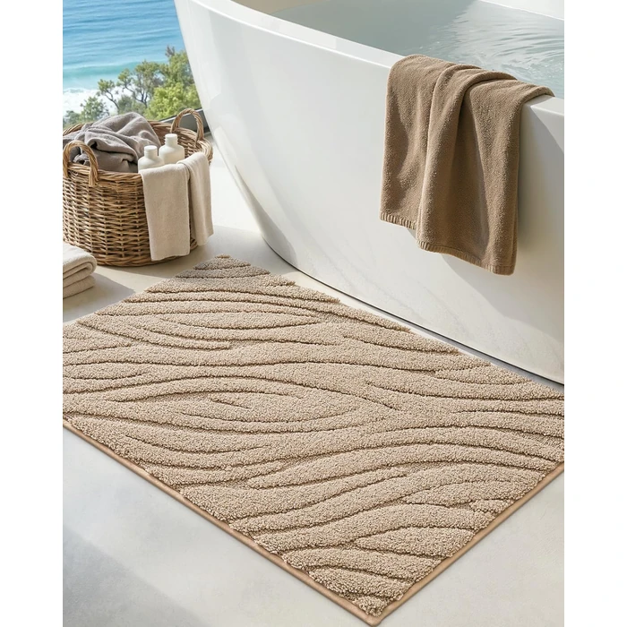 DEXI Bathroom Mat 17x30, Non Slip Bath Rug with TPR Backing, Absorbent Extra Soft Machine Washable Bathmat for Shower Room Accessories, Wave Beige by DEXI - Image 1
