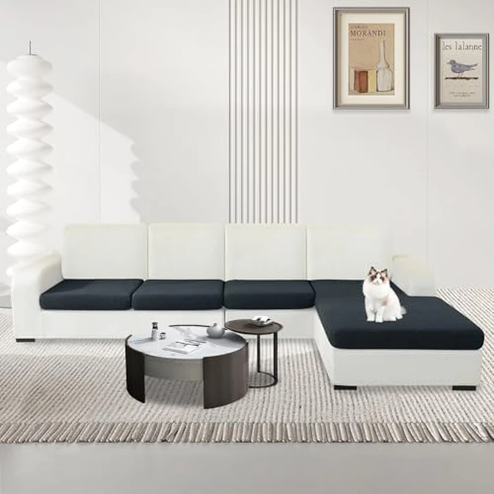 MAXIJIN Waterproof 4 Pieces Couch Cushion Covers for Sectional Sofa Seat Slipcover Stretch Sectional Couch Cover for L Shape Left/Right Chaise with Elastic Bottom (3 Seater + 1 Chaise, Dark Gray) by MAXIJIN - Image 2