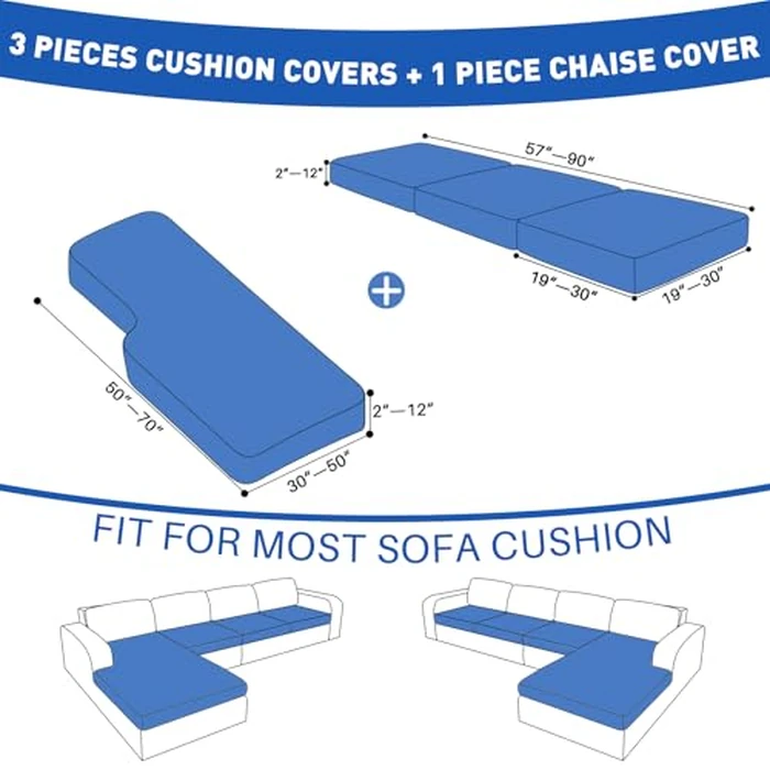 MAXIJIN Waterproof 4 Pieces Couch Cushion Covers for Sectional Sofa Seat Slipcover Stretch Sectional Couch Cover for L Shape Left/Right Chaise with Elastic Bottom (3 Seater + 1 Chaise, Dark Gray) by MAXIJIN - Image 3