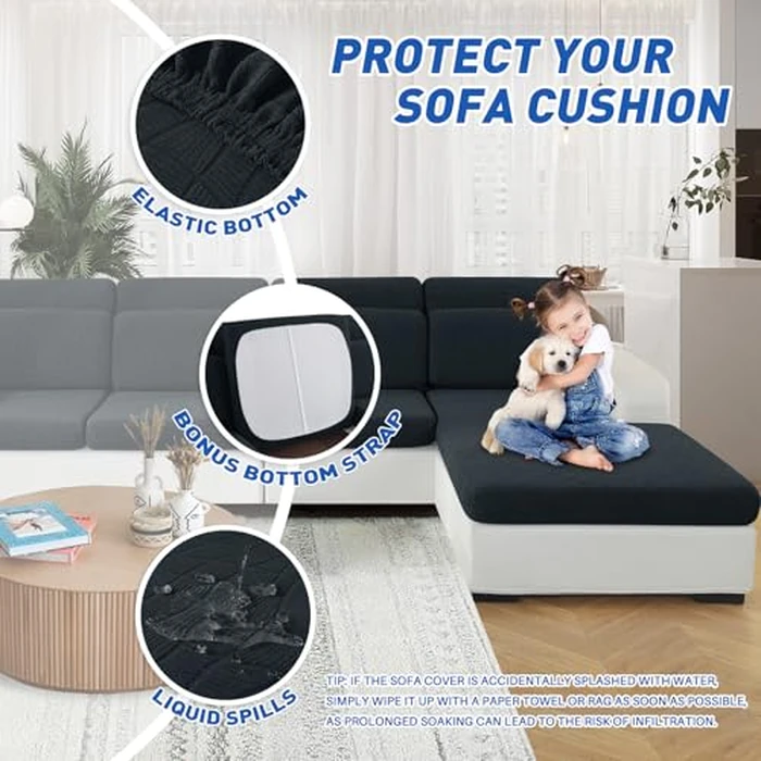 MAXIJIN Waterproof 4 Pieces Couch Cushion Covers for Sectional Sofa Seat Slipcover Stretch Sectional Couch Cover for L Shape Left/Right Chaise with Elastic Bottom (3 Seater + 1 Chaise, Dark Gray) by MAXIJIN - Image 5