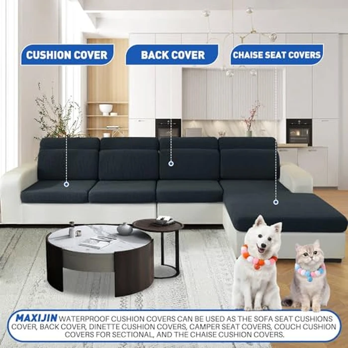 MAXIJIN Waterproof 4 Pieces Couch Cushion Covers for Sectional Sofa Seat Slipcover Stretch Sectional Couch Cover for L Shape Left/Right Chaise with Elastic Bottom (3 Seater + 1 Chaise, Dark Gray) by MAXIJIN - Image 7