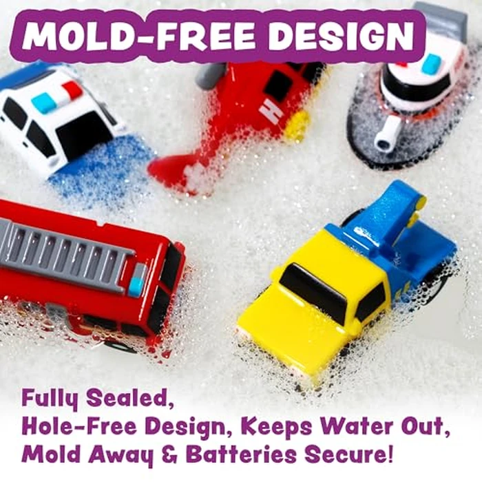 Tub Works(R) Emergency(TM) Cars Light Up Bath Toys, 6 Pack | Water-Activated Light Up Toys Flash & Change Color | Soft, Squeezable Baby & Toddler Bath Toys | Sensory Toys with Bath Lights for Kids Bath by Tub Works - Image 5