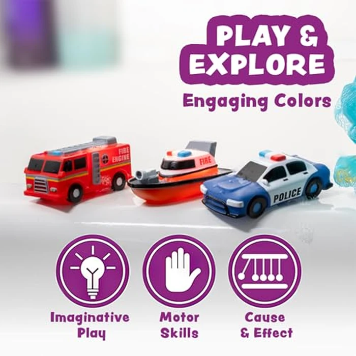 Tub Works(R) Emergency(TM) Cars Light Up Bath Toys, 6 Pack | Water-Activated Light Up Toys Flash & Change Color | Soft, Squeezable Baby & Toddler Bath Toys | Sensory Toys with Bath Lights for Kids Bath by Tub Works - Image 7