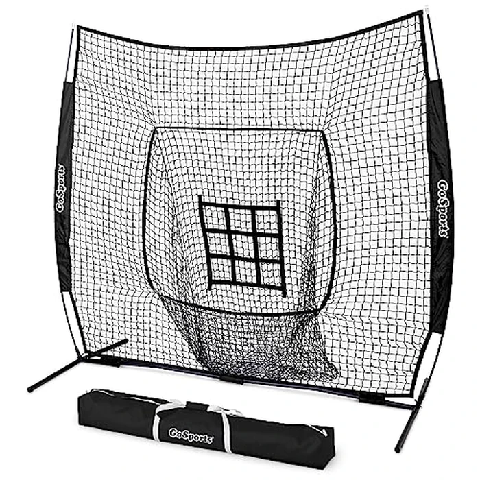 GoSports 7 ft x 7 ft Baseball & Softball Practice Hitting & Pitching Net with Bow Type Frame, Carry Bag and Strike Zone, Great for All Skill Levels by GoSports - Image 1