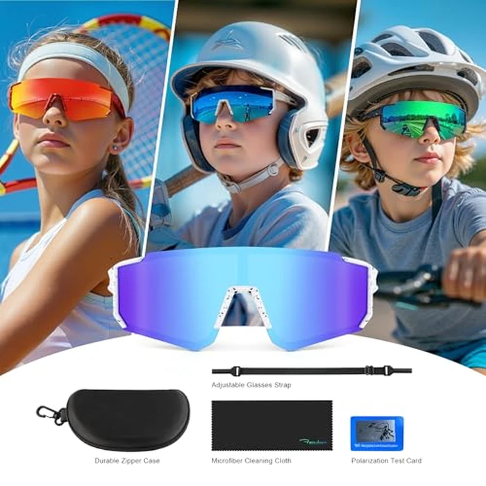 Fanshen Kids Baseball Sunglasses for Boys Girls Ages 3-12, Sports Polarized Youth Baseball Softball Sunglasses UV Protection(White/Ice Blue) by Fanshen - Image 7