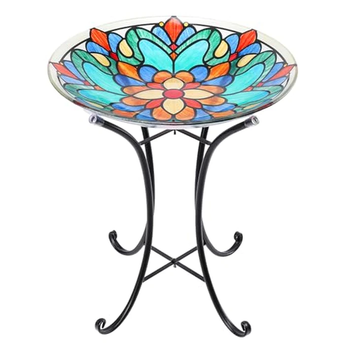 MUMTOP Bird Bath-Bird Baths for Outdoors - Glass Large Bird Bath Bowl with Metal Stand, Symmetrical Patterns Bird Feeders for Outside and Garden, Patio,Lawn Decor by MUMTOP - Used - Like New condition - US$46.72