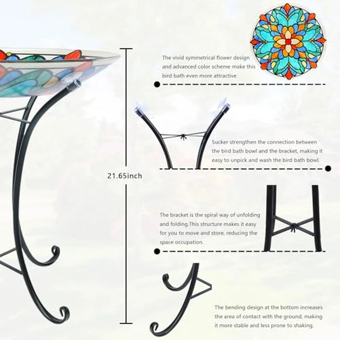 MUMTOP Bird Bath-Bird Baths for Outdoors - Glass Large Bird Bath Bowl with Metal Stand, Symmetrical Patterns Bird Feeders for Outside and Garden, Patio,Lawn Decor by MUMTOP - Image 2