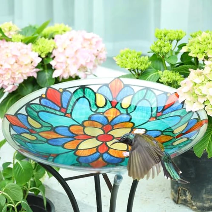 MUMTOP Bird Bath-Bird Baths for Outdoors - Glass Large Bird Bath Bowl with Metal Stand, Symmetrical Patterns Bird Feeders for Outside and Garden, Patio,Lawn Decor by MUMTOP - Image 5