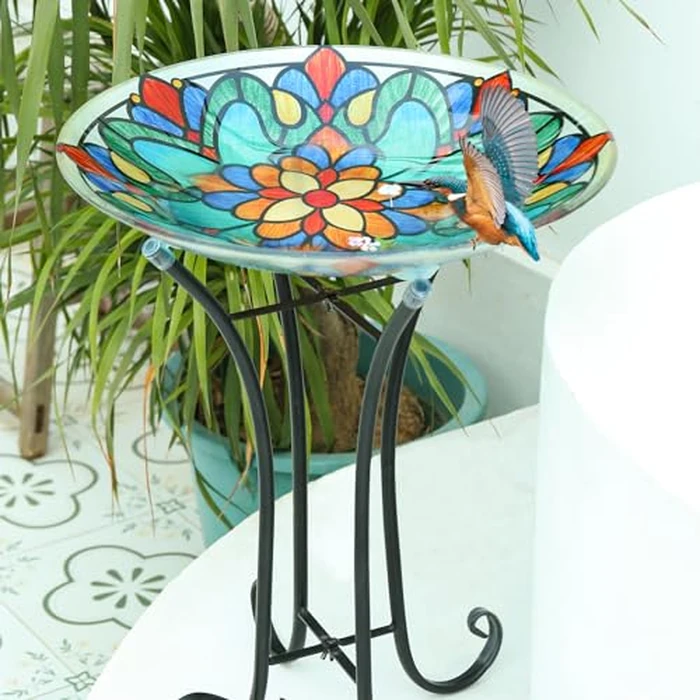 MUMTOP Bird Bath-Bird Baths for Outdoors - Glass Large Bird Bath Bowl with Metal Stand, Symmetrical Patterns Bird Feeders for Outside and Garden, Patio,Lawn Decor by MUMTOP - Image 6