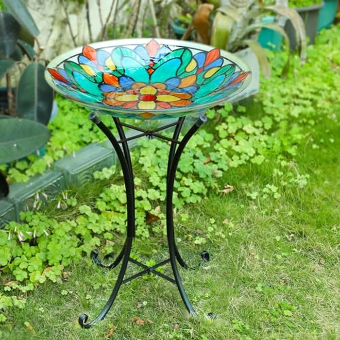 MUMTOP Bird Bath-Bird Baths for Outdoors - Glass Large Bird Bath Bowl with Metal Stand, Symmetrical Patterns Bird Feeders for Outside and Garden, Patio,Lawn Decor by MUMTOP - Image 7