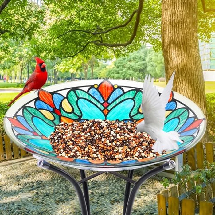 MUMTOP Bird Bath-Bird Baths for Outdoors - Glass Large Bird Bath Bowl with Metal Stand, Symmetrical Patterns Bird Feeders for Outside and Garden, Patio,Lawn Decor by MUMTOP - Image 8