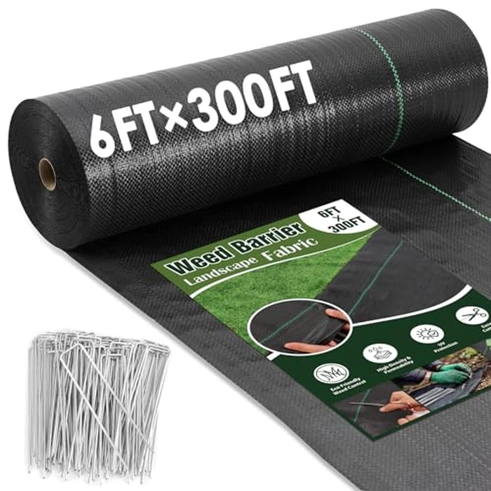 HongWay 6FT x 300FT Weed Barrier Landscape Fabric Heavy Duty, Woven Geotextile Weed Blocker Fabric with 120 U-Shaped Securing Pegs, Weed Control Mats Ground Cover for Garden Beds, Commercial Driveway by HongWay - Used - Very Good condition - US$71.47